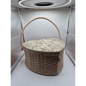 Vintage Heart Shaped Wicker Wood/ Sewing Basket/Picnic Basket 14"x11"x7"